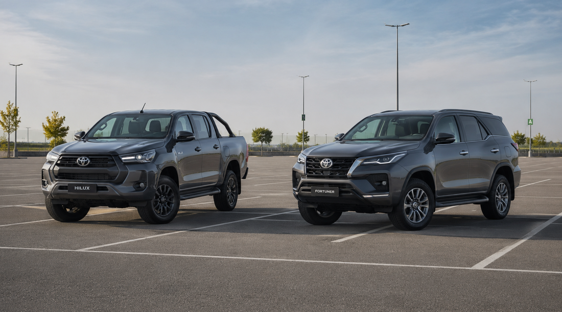 Toyota Hilux and Fortuner side by side in a South African parking lot, the two models featured in Northly's wireless CarPlay and Android Auto guide