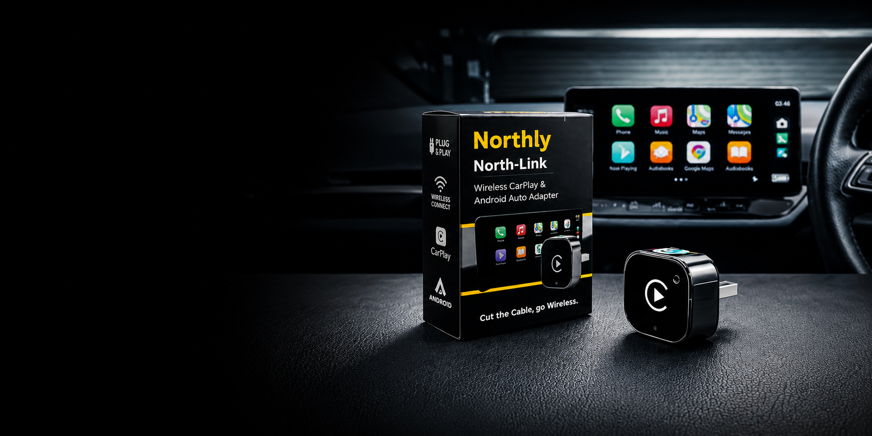 Northly North-Link wireless CarPlay and Android Auto adapter promo banner showing the product against a dark gradient background with the yellow Northly accent
