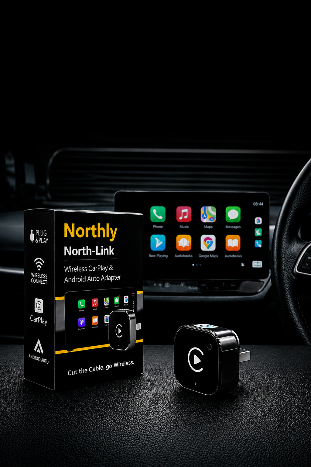 Northly North-Link wireless CarPlay and Android Auto adapter promo banner showing the product against a dark gradient background with the yellow Northly accent
